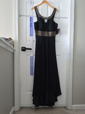 Black High-Low Evening Dress with Gold Accents